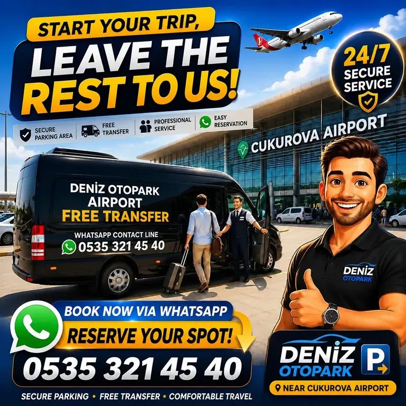 Deniz Otopark promotional image: free transfer to Çukurova Airport, 24/7 secure parking and WhatsApp booking line 0535 321 45 40